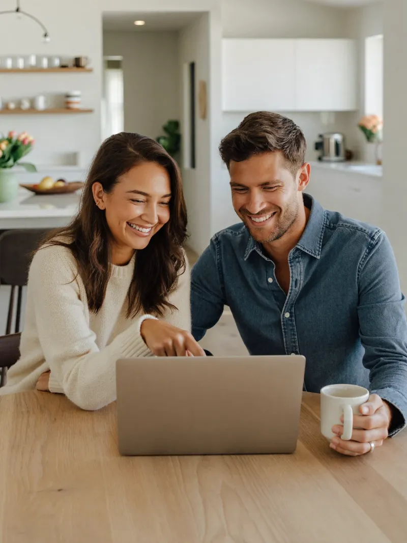 A couple at their kitchen table applying for a mortgage online